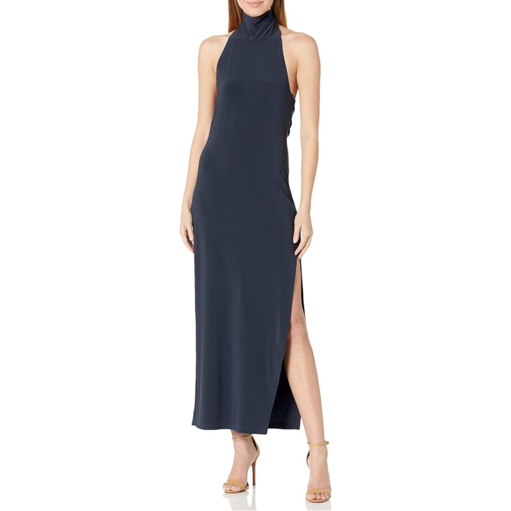 NWT Norma Kamali Women’s Halter Turtle Side Slit Gown Navy Blue XS